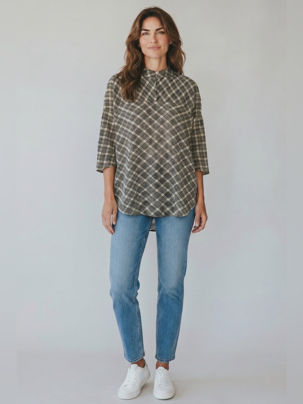 Zara Women’s Short Sleeve Plaid High Collar Blouse // Gray // Medium